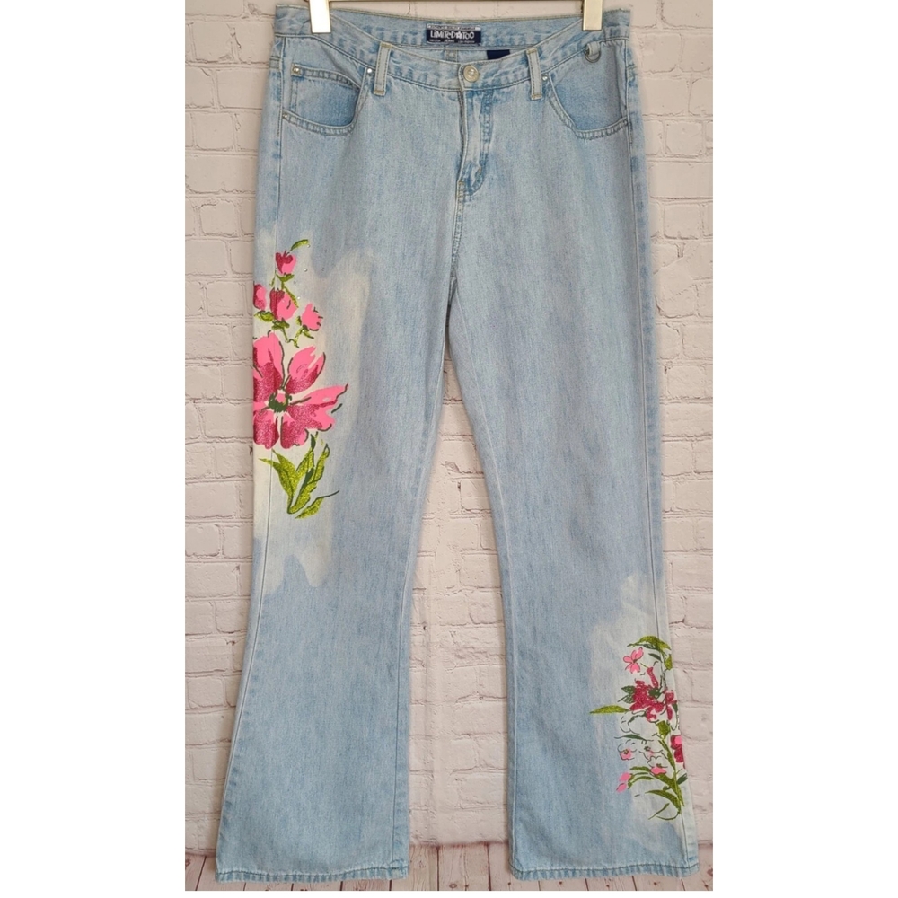 Vtg Y2K Limited Too Flared Jeans Hand Painted Floral Glitter Rhinestones Sz 5 JR